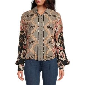 Free People Virgo Baby Printed Button Front Long Sleeves XL NEW